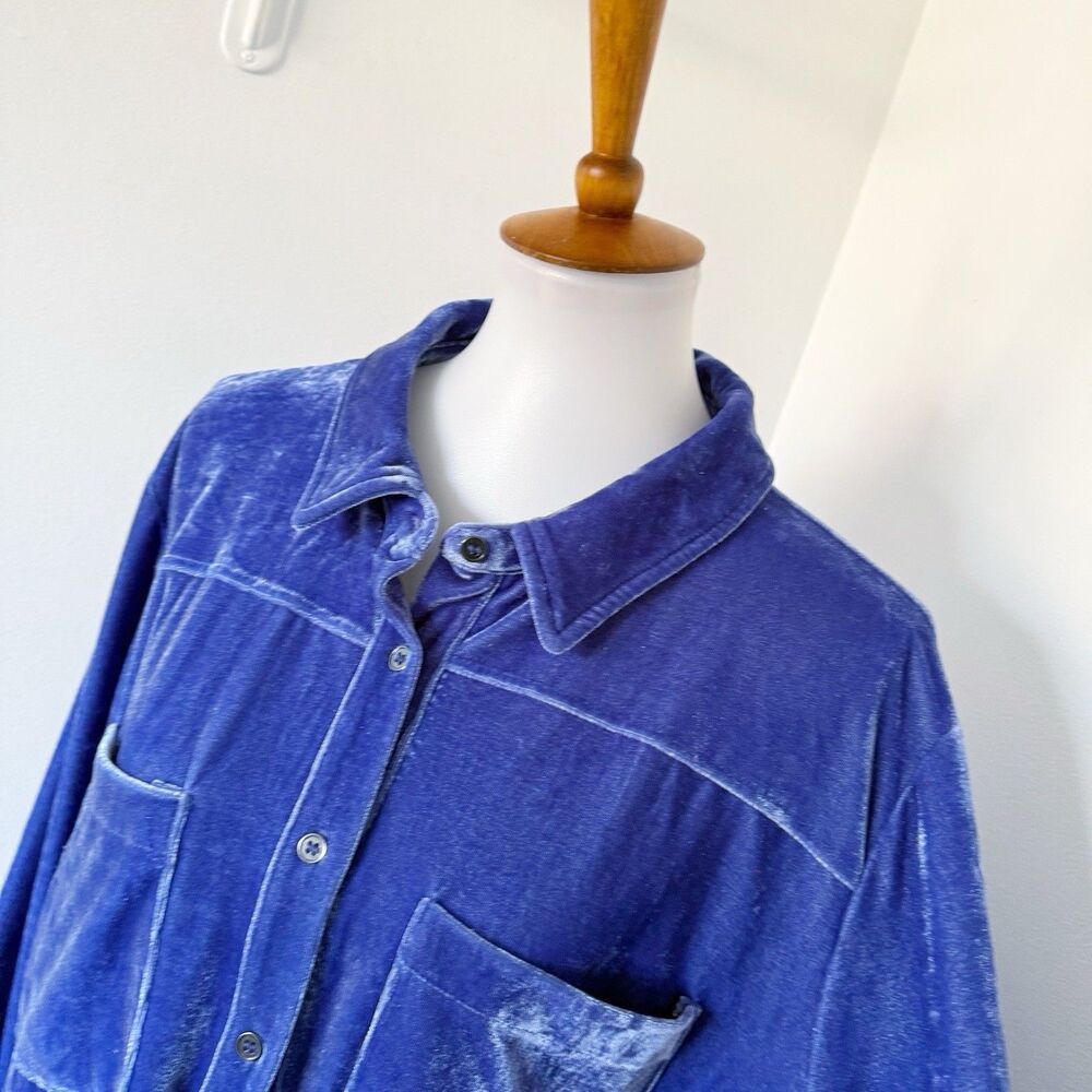 Cato Shirt Long Sleeve Button Up Velour Crushed Velvet Blouse Blue 22/24W 3X - Picture 14 of 16